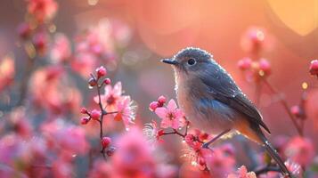 AI generated Spring Symphony. Flowers, insects and birds. photo