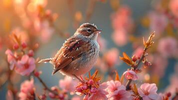 AI generated Spring Symphony. Flowers, insects and birds. photo