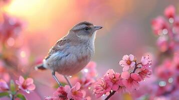 AI generated Spring Symphony. Flowers, insects and birds. photo