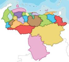 Vector illustrated blank map of Venezuela with states, capital district, federal dependencies and administrative divisions, and neighbouring countries. Editable and clearly labeled layers.