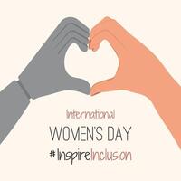 iwd diseño con blanco prótesis manos espectáculo corazón forma tarjeta. minimalista internacional mujer s día 2024 carteles con eslogan inspirar inclusión. brazos saludo tarjeta social Campaña inspirar inclusión vector