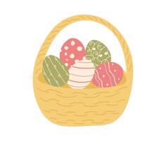 Large yellow Basket filled with Easter Eggs is drawn by hand. Eggshells are painted and decorated with different patterns, circles, lines and stripes in doodle style. Wicker crib with holiday food. vector