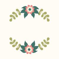 Cute floral frame, vector border with flowers and green leaves on white background. Empty space inside for greeting text.
