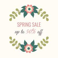 Spring Sale poster with Floral frame. Springtime square Background for promotional offers with hand drawn flowers. Modern discount with botanical elements in doodle style. vector