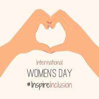 IWD design with white hands show Heart Shape Card. Minimalist International Women s Day 2024 Posters with slogan InspireInclusion. arms greeting card social campaign Inspire inclusion in 8 March vector