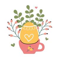 Hand drawn cup with Easter egg spring flowers and leaves. Patterned eggshell with different lines and heart. Doodle elements for decorating holiday banners and cards. Minimalist flat vector design