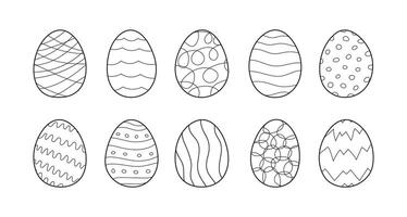 Set of Easter eggs in doodle outline style. Holiday food is Decorated with Abstract lines, waves and other patterns. Hand drawn vector illustration in contour