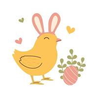 linda mano dibujado Pascua de Resurrección polluelo con conejito orejas y huevo olated en blanco antecedentes. sencillo ilustración de pequeño bebé pollo. amarillo pájaro en garabatear estilo para saludo tarjeta. niños s minimalista Arte. vector