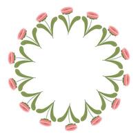 Round Hand drawn floral frame or border with place text, quote or logo in flat style. Doodle spring Wreath made of pink flowers in circle. Minimalist botanical element branches vector