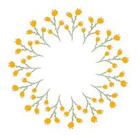 Hand drawn minimalist spring Flowers. Doodle Floral Wreath made of yellow Tulips in circle. Round summer frame or border with place text, quote or logo in flat style. vector