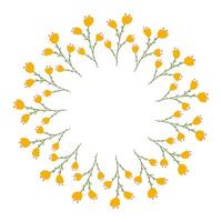 Hand drawn minimalist spring Flowers. Doodle Floral Wreath made of yellow Tulips in circle. Round summer frame or border with place text, quote or logo in flat style. vector