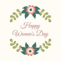 Happy Women Day greeting card with hand drawn flowers and leaves. Spring 8 March Floral frame with lettering vector