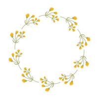 garabatear floral guirnalda hecho de amarillo flores en círculo. mano dibujado minimalista primavera botánico elemento. redondo verano marco o frontera con sitio texto, citar o logo en plano estilo mujer madre día vector