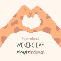 IWD design with depigmentation white hands show Heart Shape Card. Minimalist International Women s Day 2024 Poster InspireInclusion. Greeting card social campaign Inspire inclusion in 8 March vector