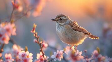 AI generated Spring Symphony. Flowers, insects and birds. photo