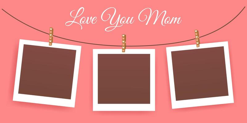 Happy Mother Day Blank set photo frames mockup. Greeting pink Scrapbook template. Realistic empty print-holder for memory with shadows for album. Love you Mom.