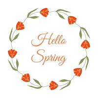 Hello Spring lettering in minimalist floral Wreath. Hand drawn frame with elegant Yellow flowers. Flat Springtime decoration elements for invitation cards posters with copy space. vector