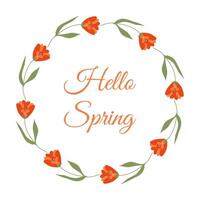 Hello Spring lettering in minimalist floral Wreath. Hand drawn frame with elegant Yellow flowers. Flat Springtime decoration elements for invitation cards posters with copy space. vector