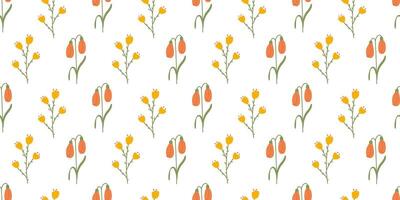 Flower spring seamless Pattern on white background. Floral repeating design for print. Flat summer vector texture. Botanical minimalistic Nature orange yellow background for textile and wrapping.