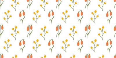 flor primavera sin costura modelo en blanco antecedentes. floral repitiendo diseño para impresión. plano verano vector textura. botánico minimalista naturaleza naranja amarillo antecedentes para textil y envase.