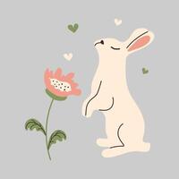 Cute sleeping Bunny with colorful Easter spring leaves and flower in doodle style. Springtime background for traditional greeting cards. Flat hand drawn design. vector