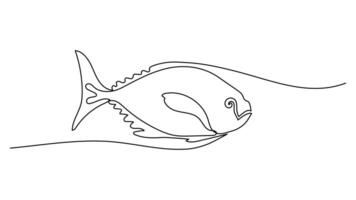 One line art of ocean Tuna for logo identity. Large lake Fish mascot concept for fishing tournament icon. Continuous line draw design vector graphic illustration. Editable stroke.