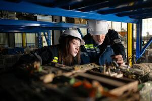 A young female engineer and a male supervisor work together in robotic arm spare parts warehouse, Robotic arm industry and engineering concept. photo