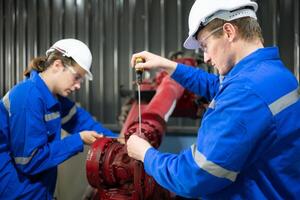 ambos de ingenieros trabajando juntos en un robótico brazo fábrica, robótico brazo industria y Ingenieria concepto. foto