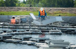 ambos de técnicos son actualmente evaluando y reparando el transmisión terminales para electricidad generado por solar energía en un flotante solar poder sistema. foto