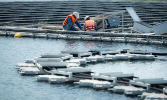 ambos de técnicos son actualmente evaluando y reparando el transmisión terminales para electricidad generado por solar energía en un flotante solar poder sistema. foto