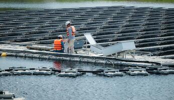 ambos de técnicos son actualmente evaluando y reparando el transmisión terminales para electricidad generado por solar energía en un flotante solar poder sistema. foto