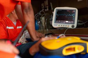 The rescue team is administering CPR to a patient who was involved in an ambulance accident. photo