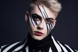 AI generated Male fashion portrait. Young man with creative painted face, black and white striped makeup photo