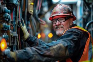 ai generado sonriente ingeniero en la seguridad engranaje, operando electrónico maquinaria controlar herramientas, pasión para su trabajo evidente foto