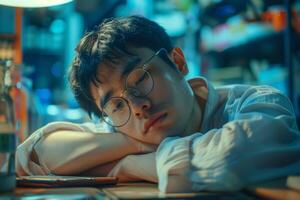 AI generated A fresh Asian man employee with glasses slumped on his desk facing work-induced burnout, feeling drained at an early career stage photo