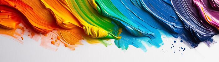 AI generated colors of the rainbow cascading onto a white sheet of paper using acrylic paint. Abstract painting background. photo