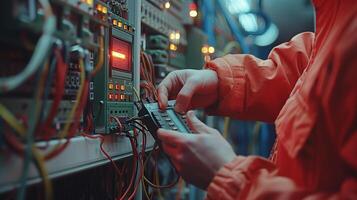 AI generated Electrical engineers use multimeters to test the installation of electrical systems and electrical currents in control cabinets photo