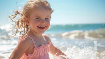 ai generado un gordito pequeño niña en rosado vestir alegremente teniendo un genial hora en un soleado playa, disfrutar el verano, adorable pequeño niña en el playa foto