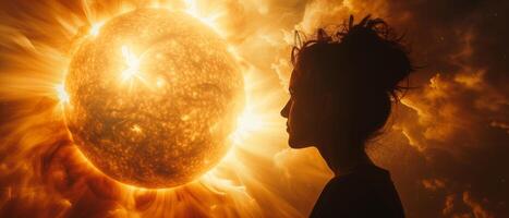 AI generated A cinematic close-up image capturing a silhouette figure of woman against the backdrop of a massive, radiant sun in space photo