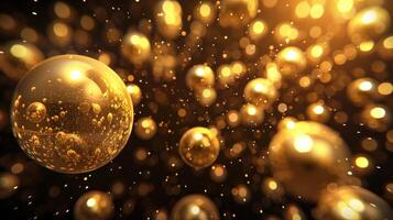 AI generated Abstract gold particles of liquid Glowing orbs background. Shiny transparent gradient backdrop. Strong depth of field photo