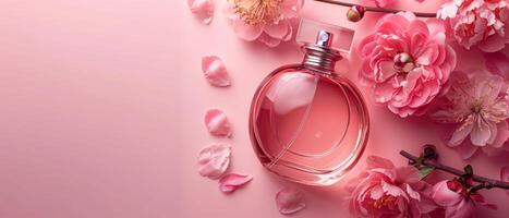 AI generated modern glass perfume bottle with peony flowers on empty pale pink background theme a wide banner with copy space area photo