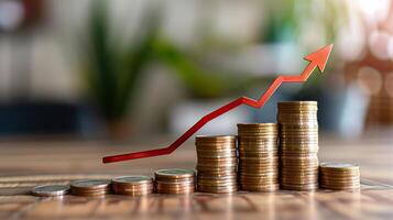 AI generated step of coins stacks with red arrow sign on natural warm background, money saving and investment or family planning concept. photo