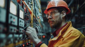 AI generated Electrical engineers use multimeters to test the installation of electrical systems and electrical currents in control cabinets photo