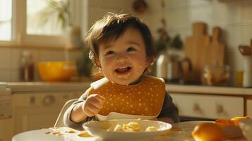 ai generado un niñito vestido en un babero, alimentación sí mismos a un tamaño infantil mesa en un brillantemente iluminado cocina. foto