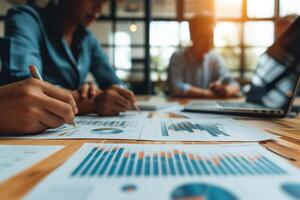 AI generated professionals analyzing financial data, with graphs and statistics visible, in a busy office setting photo