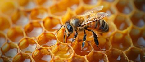 AI generated Close up of a bee is bringing honey to the hive, nature background with copy space area photo