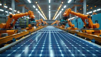 AI generated Large Production Line with Industrial Robot Arms at Modern Bright Factory. Solar Panels are being Assembled on Conveyor. Automated Manufacturing Facility photo