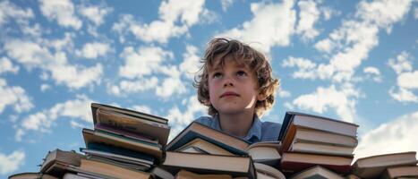 ai generado un joven caucásico chico, su cara radiante con alegría, inmerso en un imponente apilar de libros, en contra un fondo de azur cielo adornado con mullido nubes foto