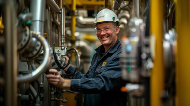 AI generated Engineer in safety helmet holding an electronic device to control machinery, smiling joyfully from passion for work photo