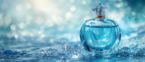 AI generated luxury glass perfume bottle with sea water on empty background in blue ocean theme as wide banner with copy space area photo